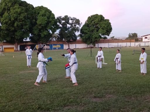 Chicas Karatekas adolescentes entrenando Sparring al aire libre bajo mirada de compañeros