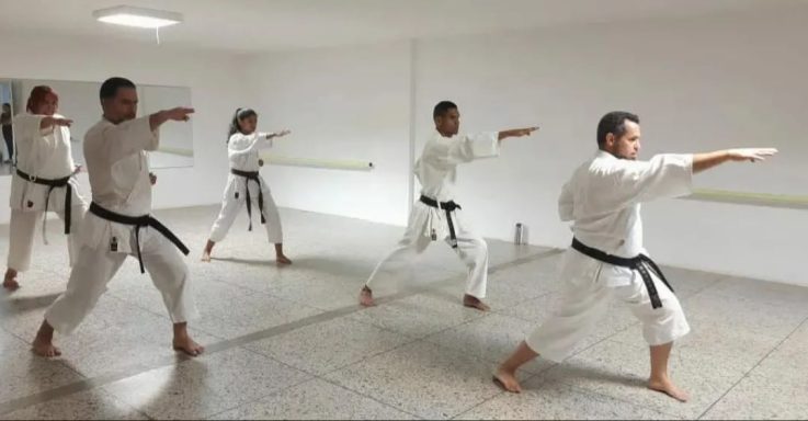 Instructor de karate explicando clase a alumnos avanzados