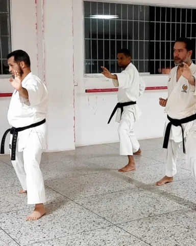 entrenamiento de kata en equipo de karatekas mayores de cuarenta años