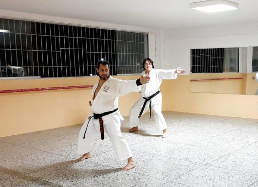 Karatekas adultos mayores de cuarenta años entrenando karate
